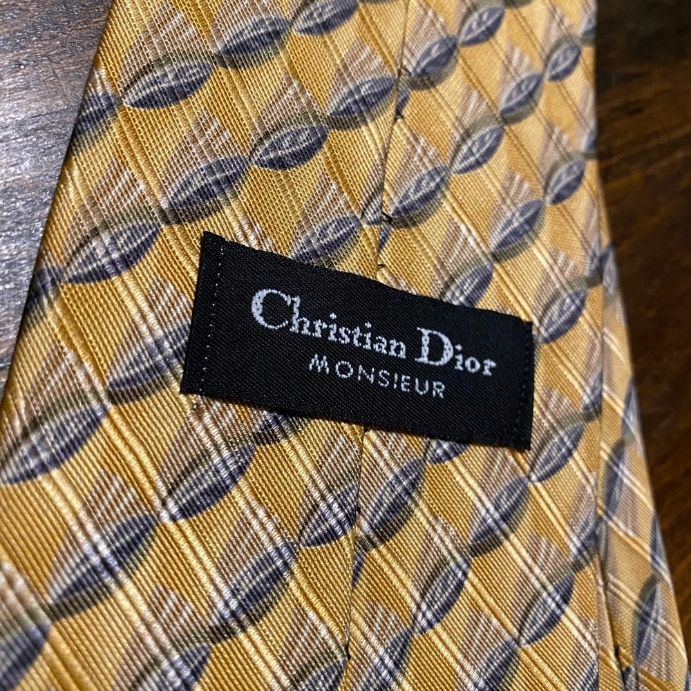 Christian Dior Monsieur Silk Neck Tie Made in Canada Gold Yellow Gray All Over